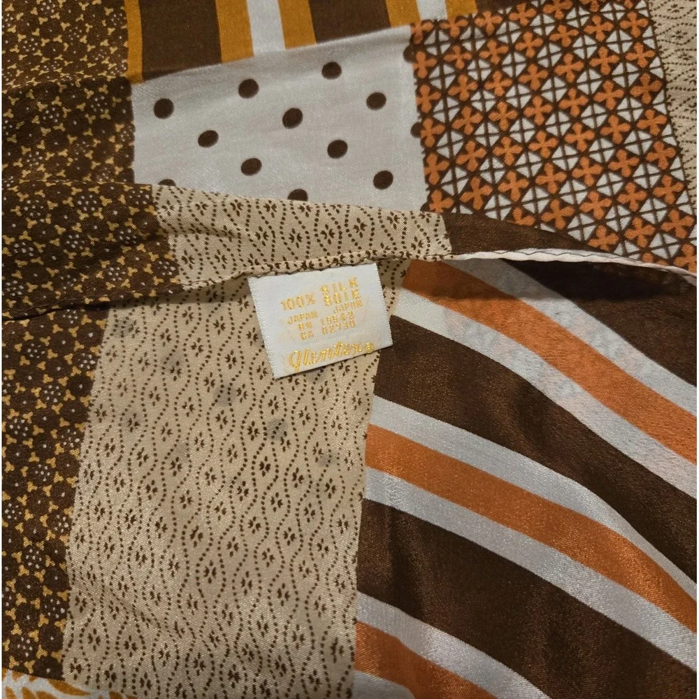 Glentex Silk Scarf Patchwork Print Brown Beige Square 30×30 Made Japan